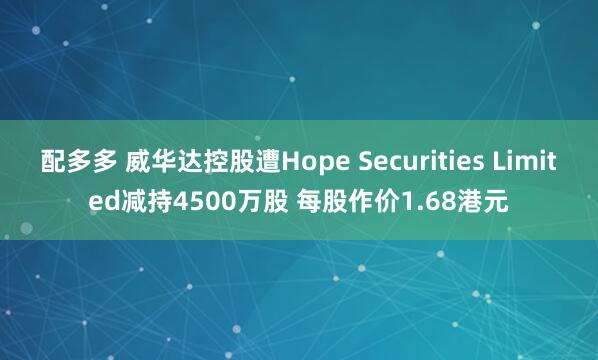 配多多 威华达控股遭Hope Securities Limited减持4500万股 每股作价1.68港元